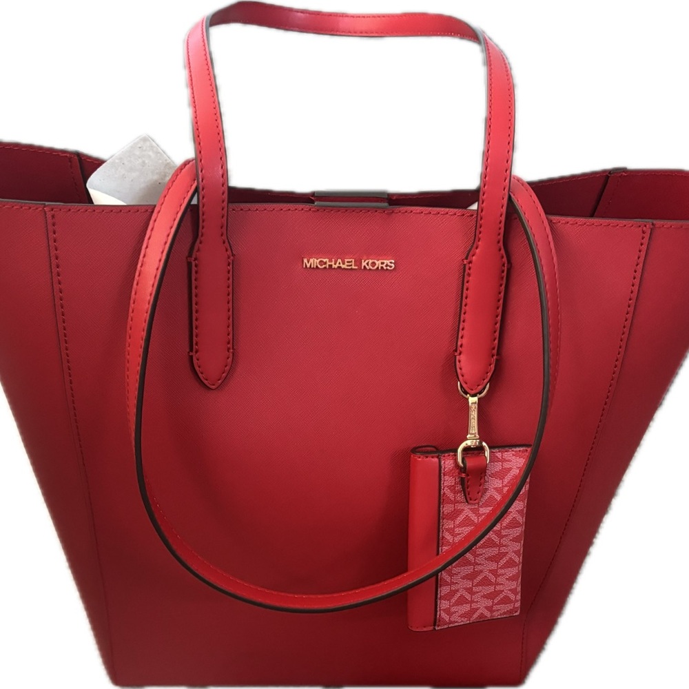 Michael Kors Red  Vincent Tote Bag with attached monogram card case MRSP $498